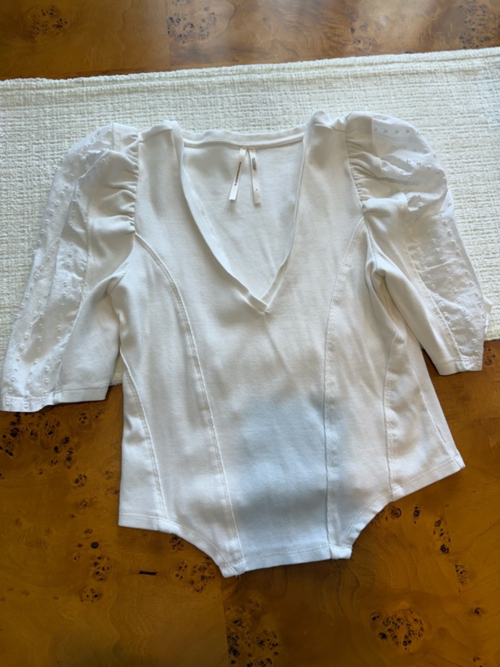 Anthropologie Cream V-Neck Puff Sleeve Top